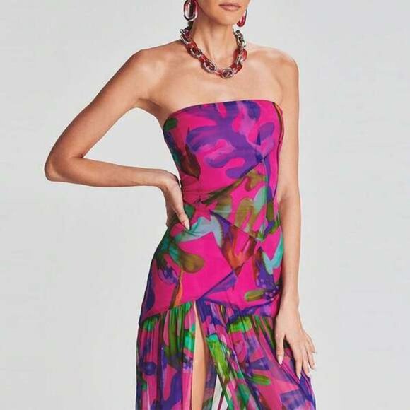 Women Tube Top Dress Slim Strapless Backless Mesh Patchwork Maxi Dress Leopard P - Picture 5 of 6